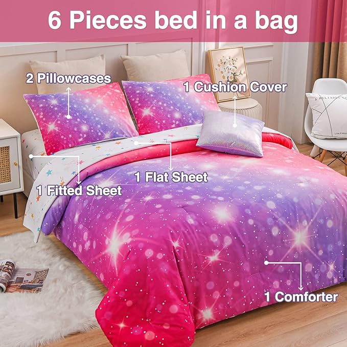 A Nice Night 6Pcs Gradient Glitter Bedding Set for Girls, Colorful Rainbow Galaxy Comforter Set, Ultra Soft Bedding Sets (Pink-Purple,Full 6Pcs)