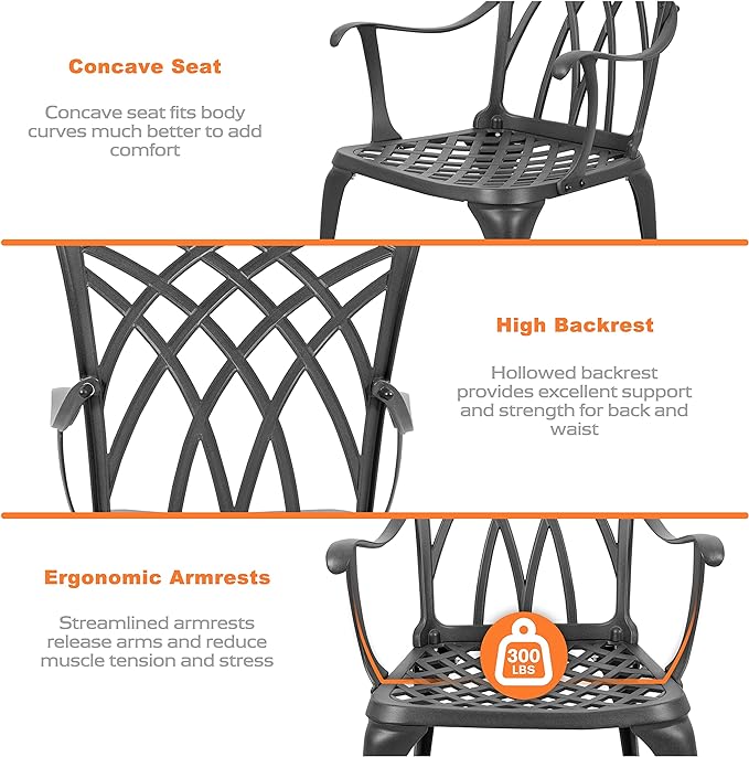 NUU GARDEN Bistro Set 3 Piece Outdoor All Weather Cast Aluminum Patio Bistro Set Patio Table and Chairs Set of 2 with Umbrella Hole for Backyard, Balcony, Front Porch, Lawn, Black