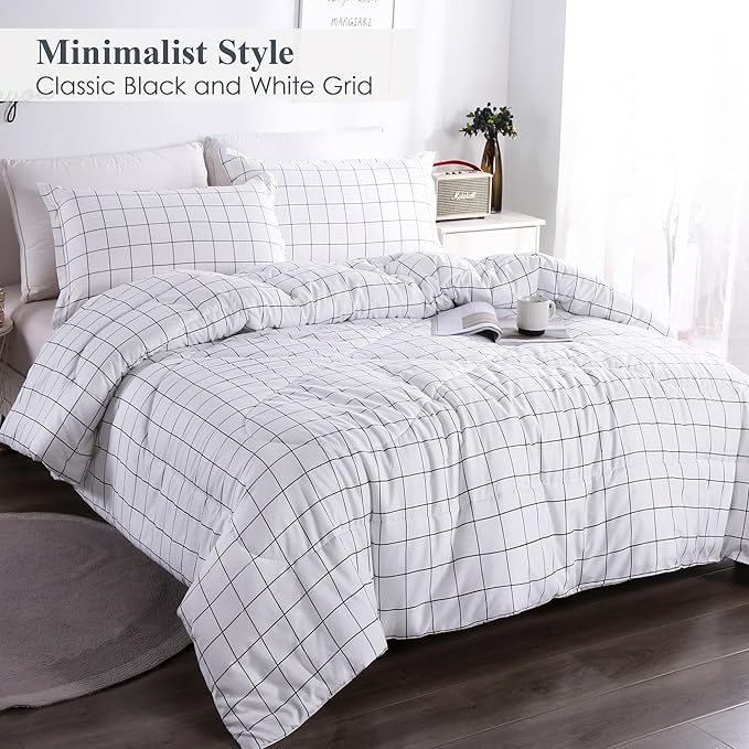 Andency White Grid Comforter Set King Size (104x90 Inch), 3 Pieces(1 Grid Comforter and 2 Pillowcases), Summer Lightweight Microfiber Down Alternative White Comforter with Black Lines