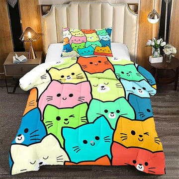 Cat Twin Comforter Set for Bedroom - 2Pcs Lovely Kitten Print Twin Bedding Set Cute Cat Patterns for Girls Boys Kids Warm Soft Breathable Cat Comforter with 1 Pillowcase for All Season, Twin Size