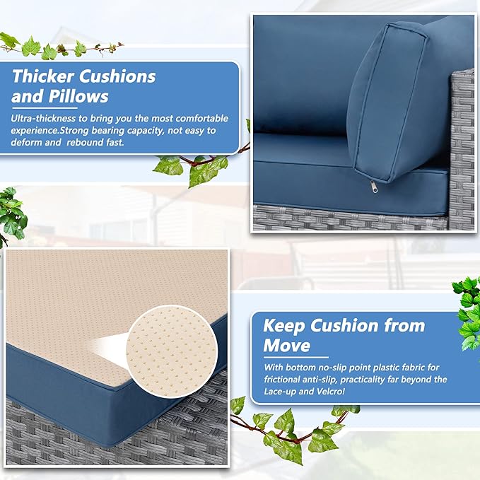 Shintenchi 7 Pieces Outdoor Patio Sectional Sofa Couch, Silver Gray PE Wicker Furniture Conversation Sets with Washable Cushions & Glass Coffee Table for Garden, Poolside, Backyard (Aegean Blue)