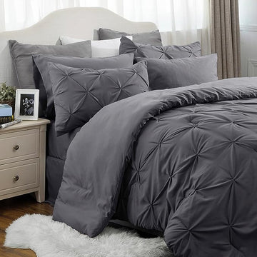 Bedsure California King Comforter Set - Cal King Bed Set 7 Pieces, Pinch Pleat Dark Grey Cali King Bedding Set with Comforter, Sheets, Pillowcases & Shams