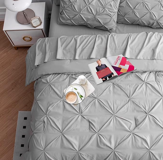 Lane Linen King Comforter Set, King Size Comforter Set 7 Pieces, Bed in a Bag King Size, Pintuck King Size Bedding Sets, King Bed Set, King Size Comforter Set with Sheets, Pillowcases & Shams - Silver