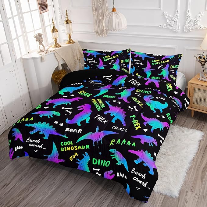 Axolotl Cartoon Dinosaur Bedding Set,Full Size Kids Bed Set,Gradient Dinosaur Comforter Set,1 Quilt with 2 Pillowcases for Boys Girls Kids Teens Children Adults Room Decor All Season,Black