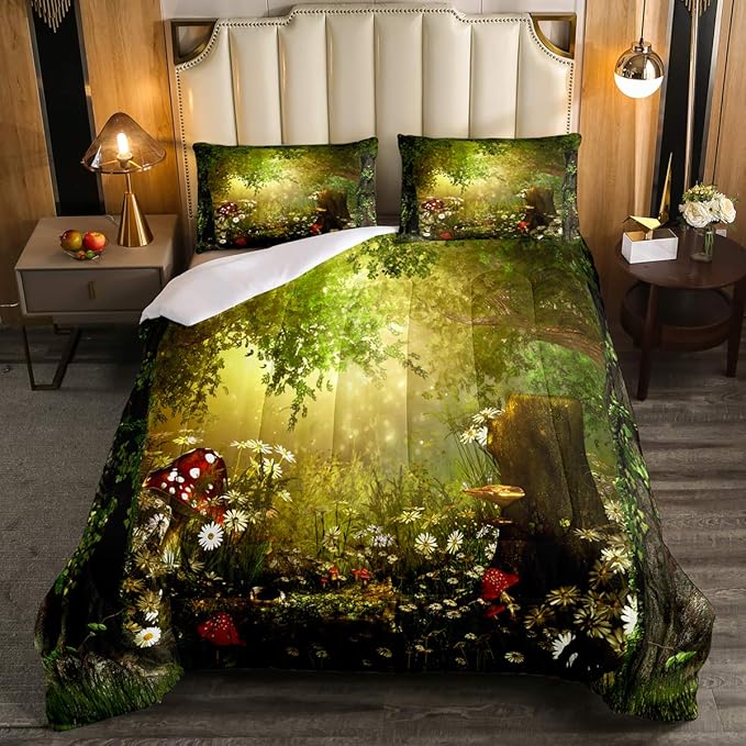Erosebridal Magical Comforter Set Twin Size Mushroom Bedding Set Daisy Leaves Branches Sunset Nature Duvet Set Cute Style Quilted Duvet Home Room Decorative