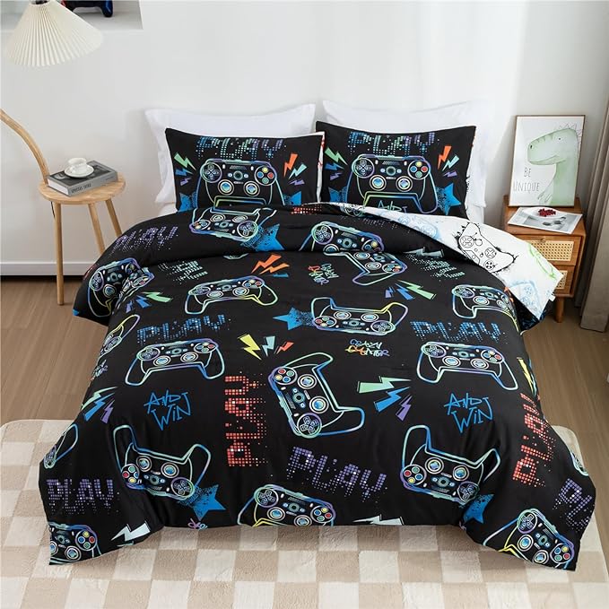 Meeting Story Gamer Gaming Bedding Sets Fluorescence Gamepad Comforter Set for Boys Games Console Action Buttons Novelty Colorful Modern Room Decor Home Quilt Set (Black, Twin)