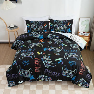 Meeting Story Gamer Gaming Bedding Sets Fluorescence Gamepad Comforter Set for Boys Games Console Action Buttons Novelty Colorful Modern Room Decor Home Quilt Set (Black, Queen)