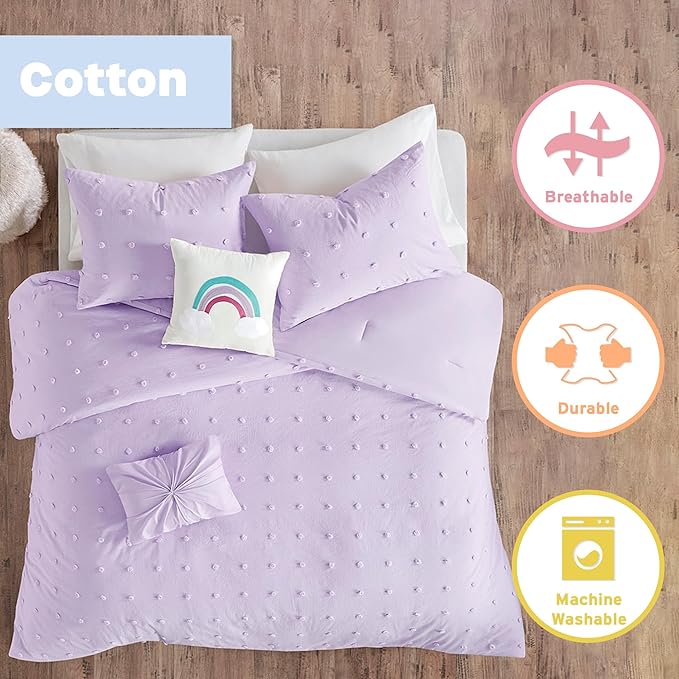 Callie Cotton Jacquard Weave Colorful Pom Pom Kids Comforter sets, Down Alternative Shabby Chic All Season Girls Bedding, Bedroom Decor, Twin/Twin XL, Lavender 4 Piece