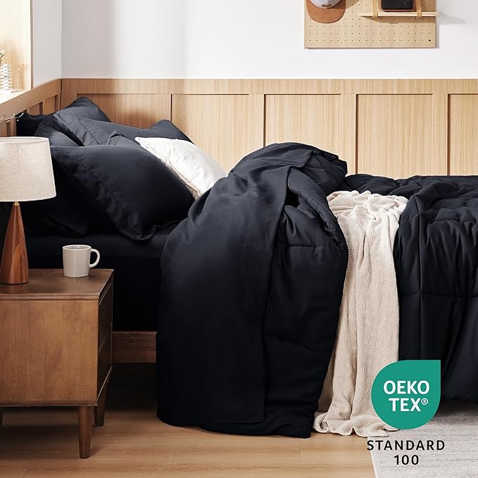 Bedsure Black Queen Size Comforter Set - 7 Pieces Solid Queen Bed Set, Queen in a Bag Black with Quilted Warm Fluffy Comforters, Sheets, Pillowcases & Shams