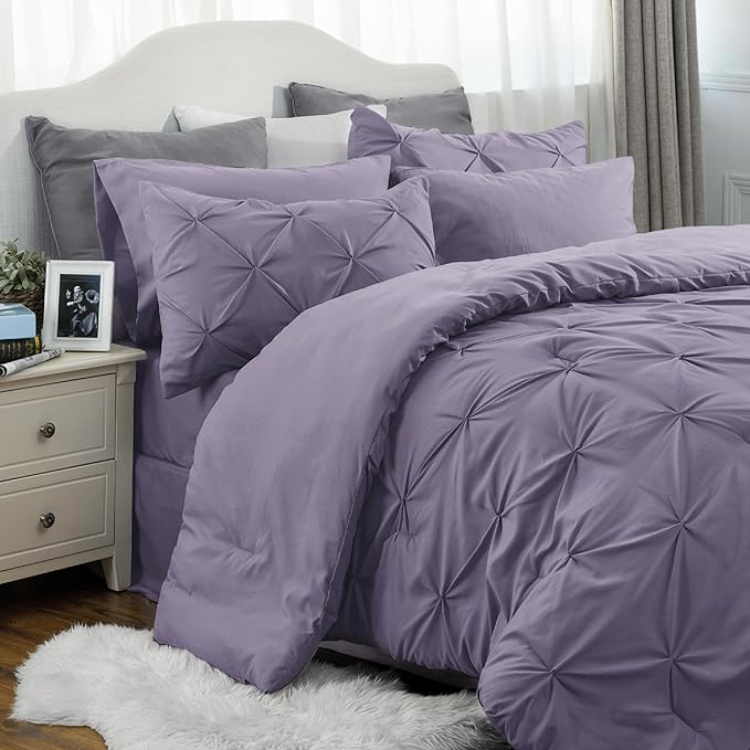 Bedsure California King Comforter Set Grayish Purple - Cal King Bed Set 7 Pieces, Pinch Pleat Cali King Bedding Set with Comforter, Sheets, Pillowcases & Shams