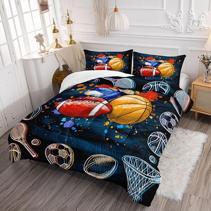 Axolotl Ball Game Bedding Set Queen,Basketball Comforter Set Sports Bedding,Volleyball Comforter Set Soccer Bedding,Football Comforter Colorful Grunge Style for Kids Boys Teens,1 Quilt 2 Pillowcases