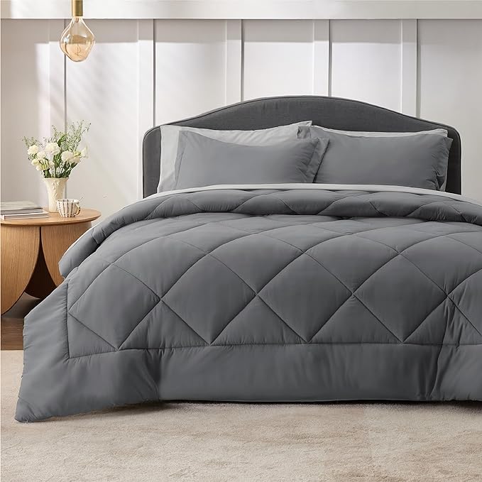 Bedsure Dark Grey California King Size Comforter Set - 7 Pieces Reversible California King Bed in a Bag, California King Dark Grey Bed Set with Comforters, Sheets, Pillowcases & Shams