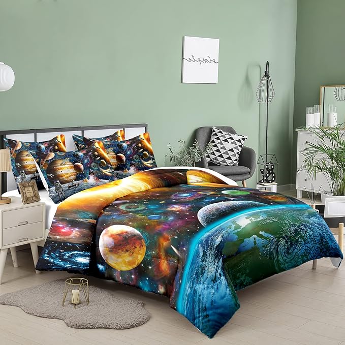 Tailor Shop Universe Galaxy Comforter Set for Girls Boys Kids Galaxy The Planet The Earth Astronaut Stars Outer Space Bedding Set Queen Size with 1 Comforter 2 Pillowcases,18…