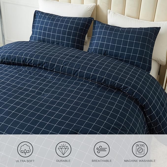 Andency Navy Grid Comforter Set Twin Size (66x90 Inch), 2 Pieces(1 Grid Comforter and 1 Pillowcase), Summer Lightweight Microfiber Down Alternative Navy Comforter with White Lines for Kids Girls