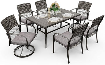 Pamapic 7 Piece Outdoor Dining Set, Rattan Outdoor Patio Furniture Set for Backyard with Iron Outdoor Dining Table, 4 Swivel Deck Chairs, 2 Wicker Chairs and Removable Cushions (Gray)