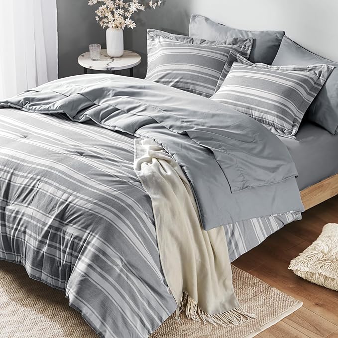 Queen Size Bed in a Bag, Full Bedding Sets, Modern Farmhouse Grey and White Striped Comforter with Sheets, 7-Piece Complete Bedroom Set