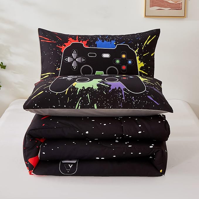 Gamer Comforter Sets Twin Size for Boys Teen,Game Controller Printed Colorful Comforter with Pillowcase, 2 Piece Video Gaming Bedding Set for Game Lovers,All Season(Black,Twin)