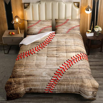 Erosebridal Baseball Bedding Set for Kids Boys Teens Queen,Sports Games Comforter Set Retro Rustic Wooden Board Quilt Duvet Sets American Baseball Country Down Comforter with 2 Pillow Cases