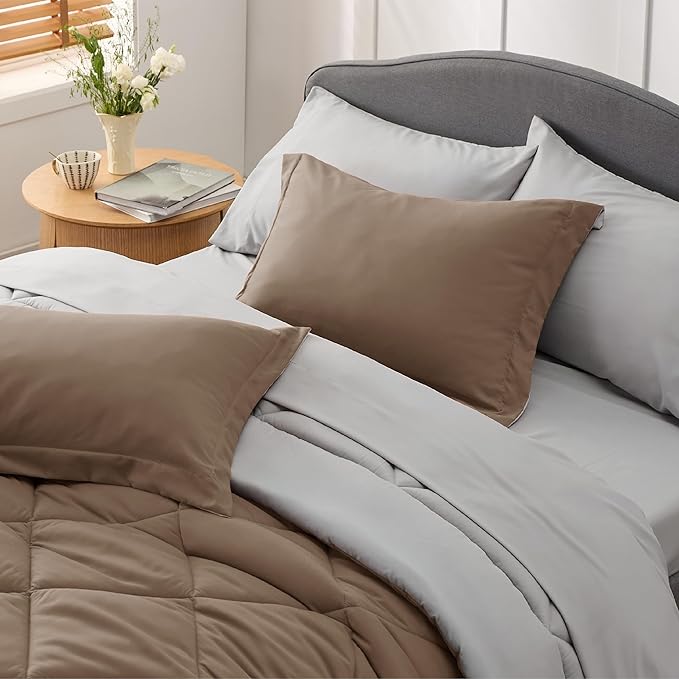Bedsure Brown California King Size Comforter Set - 7 Pieces Reversible California King Bed in a Bag, California King Brown and Grey Bed Set with Comforters, Sheets, Pillowcases & Shams