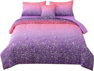 JQinHome Full Size Pink Purple Comforter Set, 6 Piece Bed in A Bag 3D Colorful Bedding Set for Girls Women