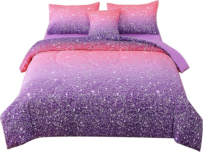 JQinHome Full Size Pink Purple Comforter Set, 6 Piece Bed in A Bag 3D Colorful Bedding Set for Girls Women
