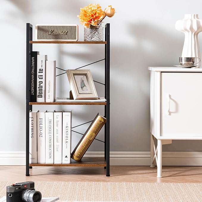 HCHQHS Small Bookshelf, Adjustable 3-Tier Industrial Bookcase, Rustic Open Book Shelf, Wood and Metal Horizontal Bookshelves