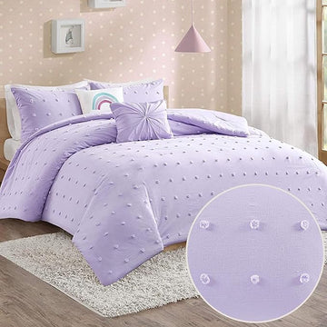 Callie Cotton Jacquard Weave Colorful Pom Pom Kids Comforter sets, Down Alternative Shabby Chic All Season Girls Bedding, Bedroom Decor, Twin/Twin XL, Lavender 4 Piece