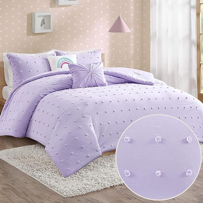 Callie Cotton Jacquard Weave Colorful Pom Pom Kids Comforter sets, Down Alternative Shabby Chic All Season Girls Bedding, Bedroom Decor, Twin/Twin XL, Lavender 4 Piece