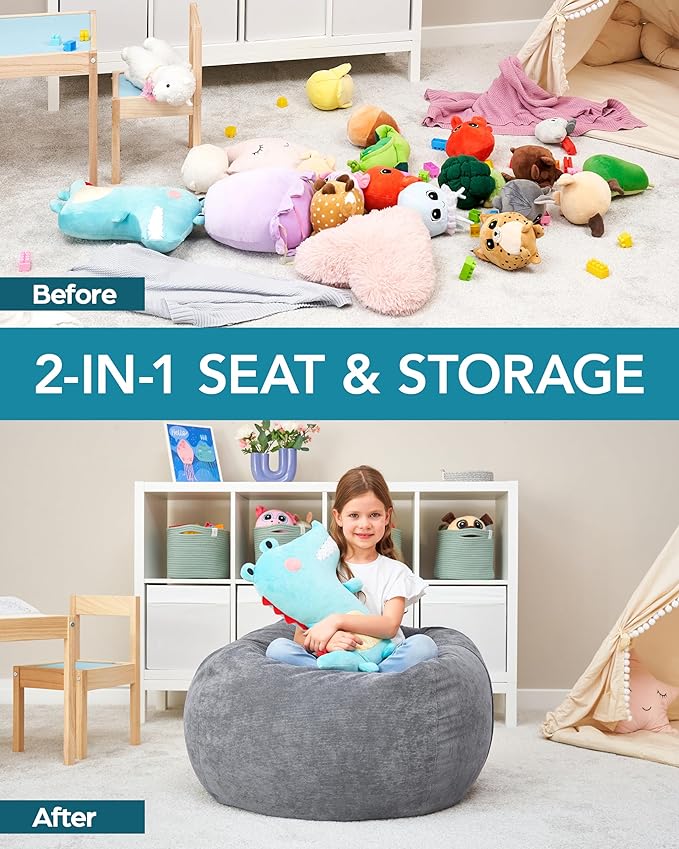 Stuffed Animal Bean Bag Storage (No Filler) - Machine Washable Kids Bean Bag Chair Cover Makes Extra Large Bean Bag Chair Stuff Toys & Soft Items - Stuffed Animal Holder for Kids -Grey Corduroy