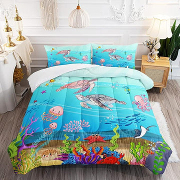 Turtle Comforter Set Twin Ocean Watercolor Sea Turtle Bedding Set Tropical Fish Marine Life Bed Set with 2 Pillowcases for Kids Room Decor
