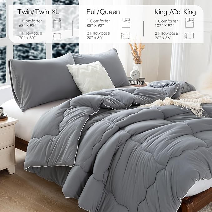 COTTEBED Ultra-Soft Warm Comforter Set Queen/Full Size Bed, Thick Milk Cup Breathable Fluffy Bedding Down Alternative & Pillowcase for Man Women Girl Winter Dark Grey