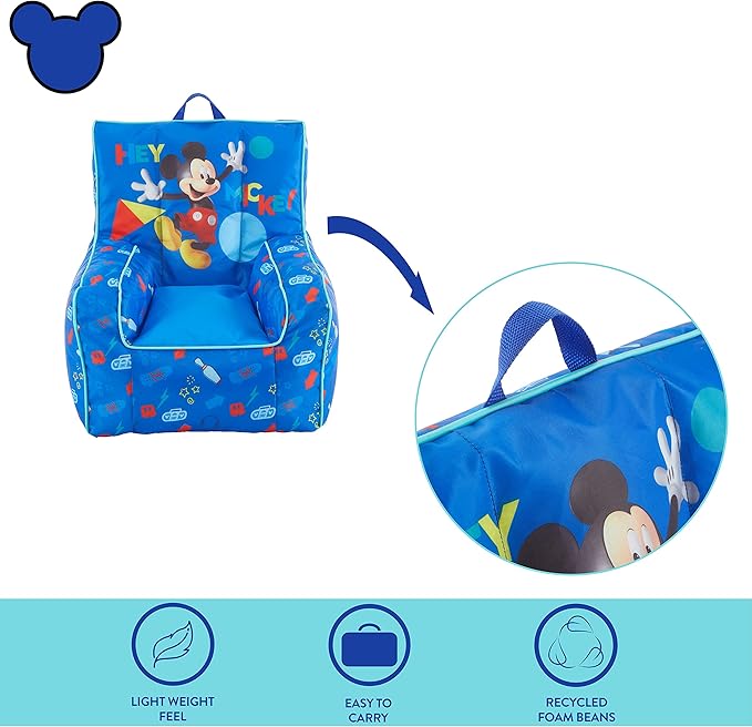 Idea Nuova Disney Mickey Mouse Kids Nylon Bean Bag Chair with Piping & Top Carry Handle, Large
