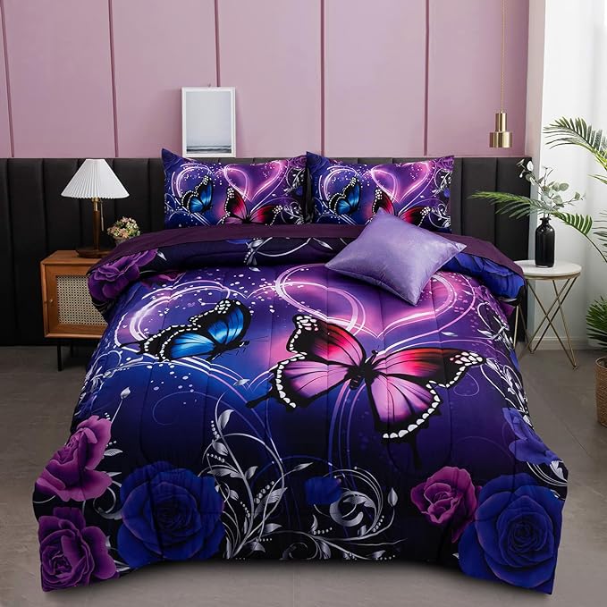 A Nice Night Galaxy 6pcs Bed in A Bag Purple and Blue Dreamy 3D Butterfly Printed, Butterflies Bedding Twin Comforter Set, for Girls Kids Teens