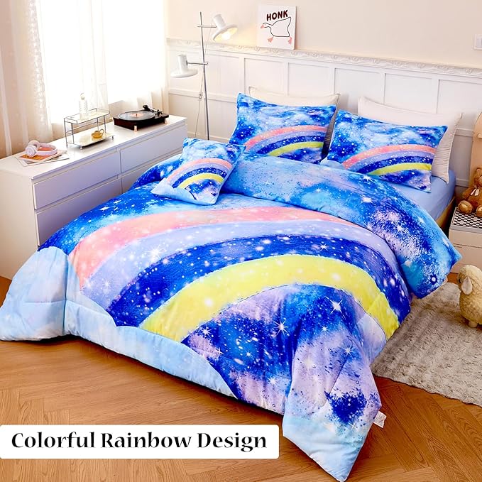 Tie Dye Queen Comforter Sets for Girls 6 Pieces Glitter Rainbow Bed in A Bag for Kids Gradient Galaxy Bed Set Soft Lightweight Colorful Bedding Set for All Season