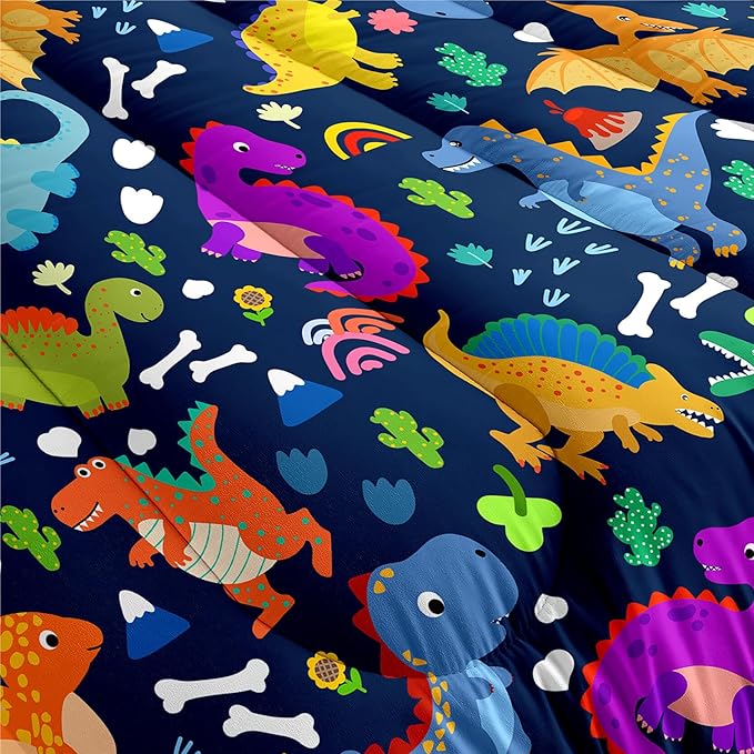 Dinosaur Full Size Bedding Set - Cartoon Dinosaur Full Size Comforter Sets for Boys Soft Breathable Blue Dino Quilt Kids Comforter Set Decor for Boys Bedroom, 1 Comforter 2 Pillowcase