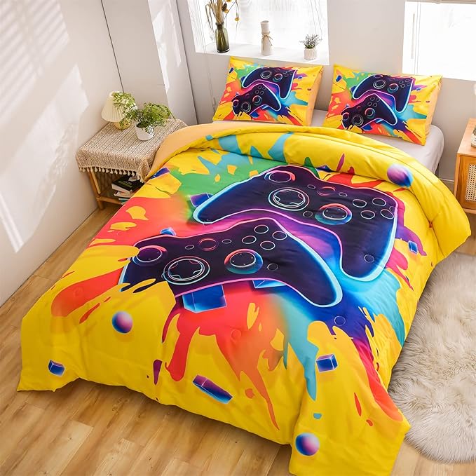 Aimuan Gamer Gaming Bedding Sets 3D Gamepad Comforter Sets for Boys Games Console Action Buttons Novelty Colorful Game Controller Modern Room Decor Home Quilt Set (Full, Yellow)