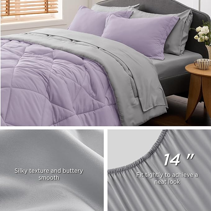 Bedsure Light Purple California King Size Comforter Set - 7 Pieces Reversible California King Bed in a Bag, Cal King Light Purple and Grey Bed Set with Comforters, Sheets, Pillowcases & Shams
