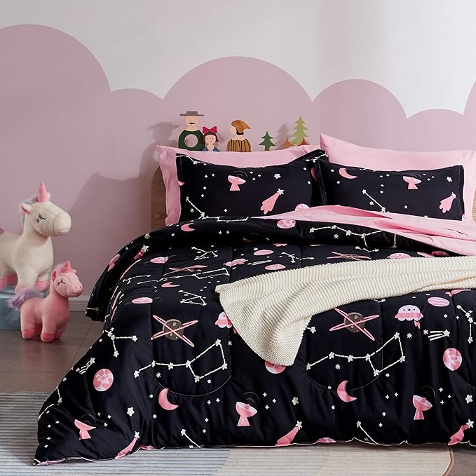 SLEEP ZONE Kids Twin Bedding Comforter Set - Super Cute & Soft Kids Bedding 5 Pieces Set with Comforter, Sheet, Pillowcase & Sham (Pink Galaxy)