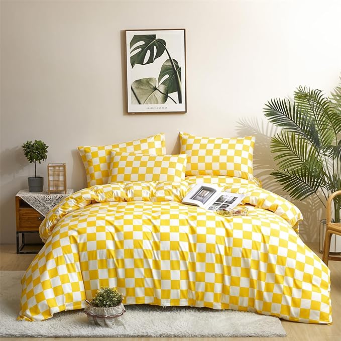 Wellboo Yellow and White Comforter Sets Full Women Men Bright Yellow Checkerboard Grid Bedding Comforters Cotton Boys Girls Modern Light Yellow Checkered Geometric Quilts Luxury Elegant Yellow Bed