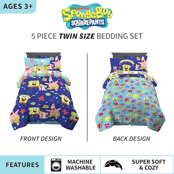 Franco Kids Bedding Super Soft Comforter and Sheet Set with Sham, 5 Piece Twin Size, Spongebob Squarepants