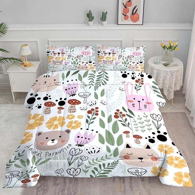 Floral Cat Bedding Full Size Cartoon Cats Comforter Set for Girls Boys Kids Teen Children Green Animals Print Bedroom Dorm Quilt 1 Comforter + 2 Pillow Cases
