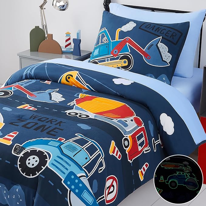 Truck Tractor Excavator Twin Comforter Set with Sheets - 5 Pieces Kids Twin Bedding Sets for Boys, Glow in The Dark Construction Trucks Twin Bed in a Bag for Kids, Teens
