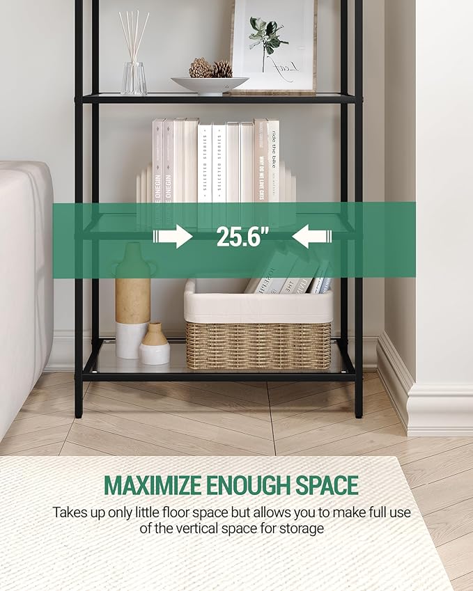 Bookcase Bookshelf, Tempered Glass Bookshelves, Slim Shelving Unit for Bedroom, Bathroom, Home Office, Steel Frame, 6 Tier Black BC21699B