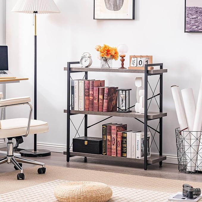 HCHQHS Bookshelf, 3-Tier Industrial Bookcase, Rustic Open Book Shelf, Freestanding Horizontal Bookshelves with Metal Frame