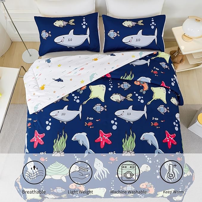 RYNGHIPY Kids Bedding Set for Full Bed Reversible Ocean Animals Print Comforter Set for Boys Girls Easy-Wash Super Soft Microfiber Bed Set (Navy Ocean,Full)