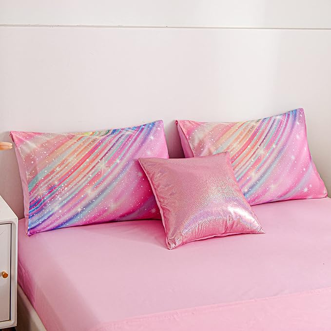 Btargot Super Soft 6 Pieces Gradient Star Ring Comforter Set, Colorful Glitter Rainbow Star Pattern Bedding Set for Boys Girls Teens,Queen Pink