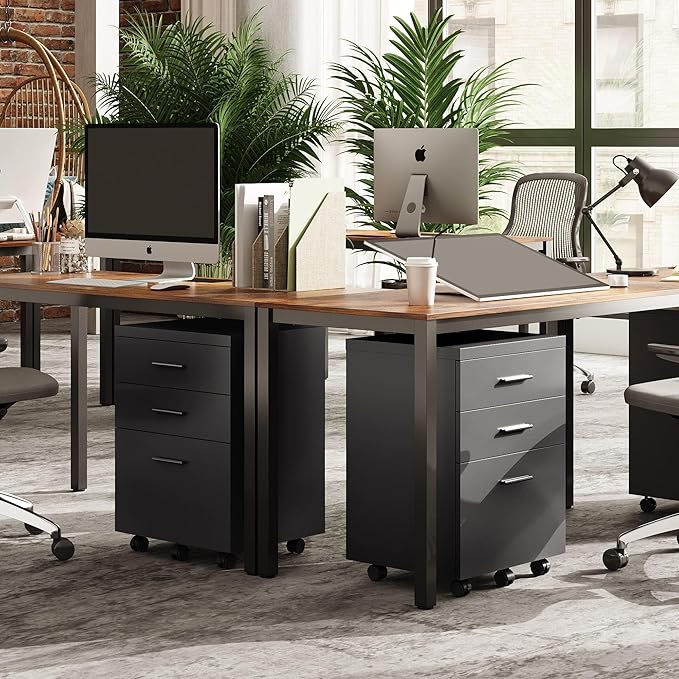 DEVAISE 3 Drawer File Cabinet for Home Office, Wood Under Desk Filing Cabinet, Rolling Printer Stand with Wheels, Black