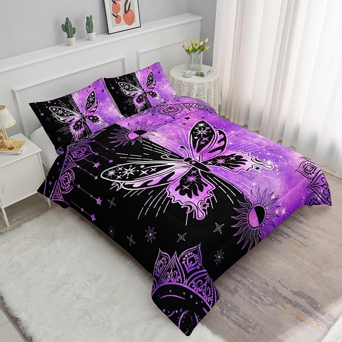 Datura home Black Purple Butterfly Comforter Set for Girls Women,Boho Butterfly Sun and Moon Mandala Printed Bedding Set with 2 Pillowcases(Black Purple Full)