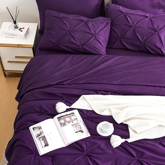 Ubauba 7pc Purple Comforter Set Queen Size with Sheets, Pintuck 7 Piece Bedding Comforters Bed in a Bag for All Season, Pinched Pleat Bed Set with Comforter (Purple,Queen)