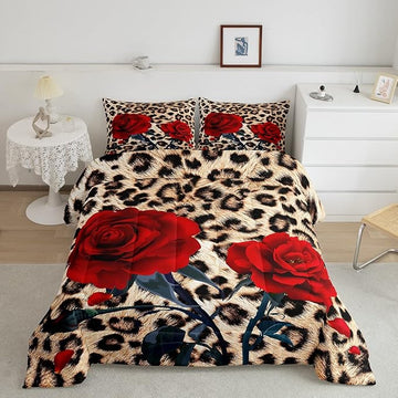 Rose Flower Comforter Set for Teens Adult Women Wedding Gift, Leopard Print Bedding Set Twin Size, Valentine's Day Cheetah Duvet Sets Leopard Animal Skin Down Comforter for Bedroom Decor, Brown
